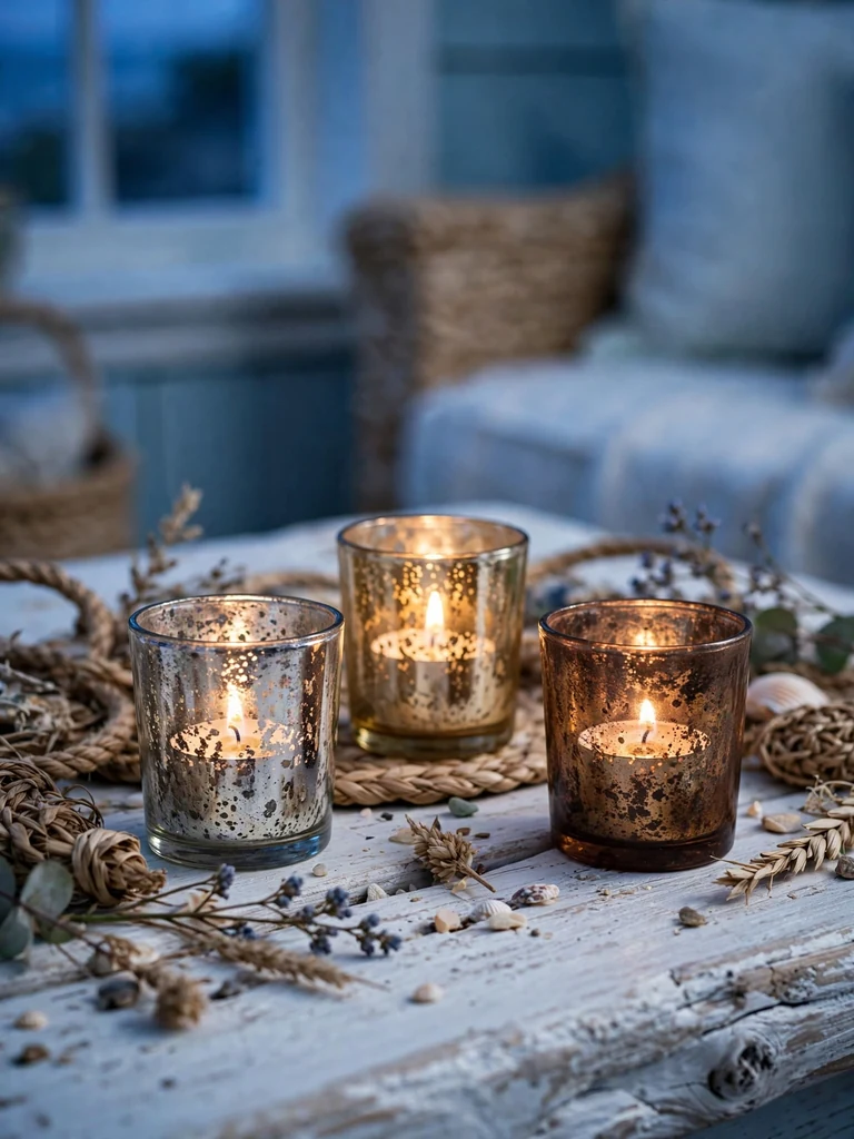Coastal cottage close-up of antiqued mercury glass votives in silver, champagne gold and bronze at blue hour