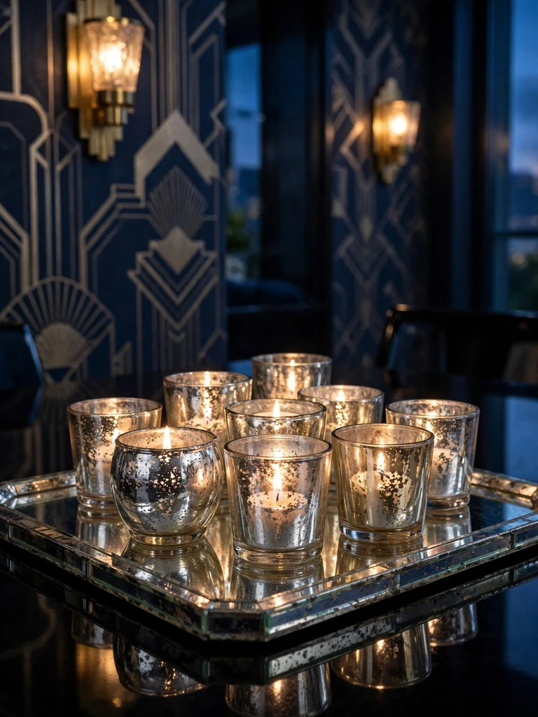 Mercury glass votive holders with flickering tea lights on mirrored tray in art deco dining room