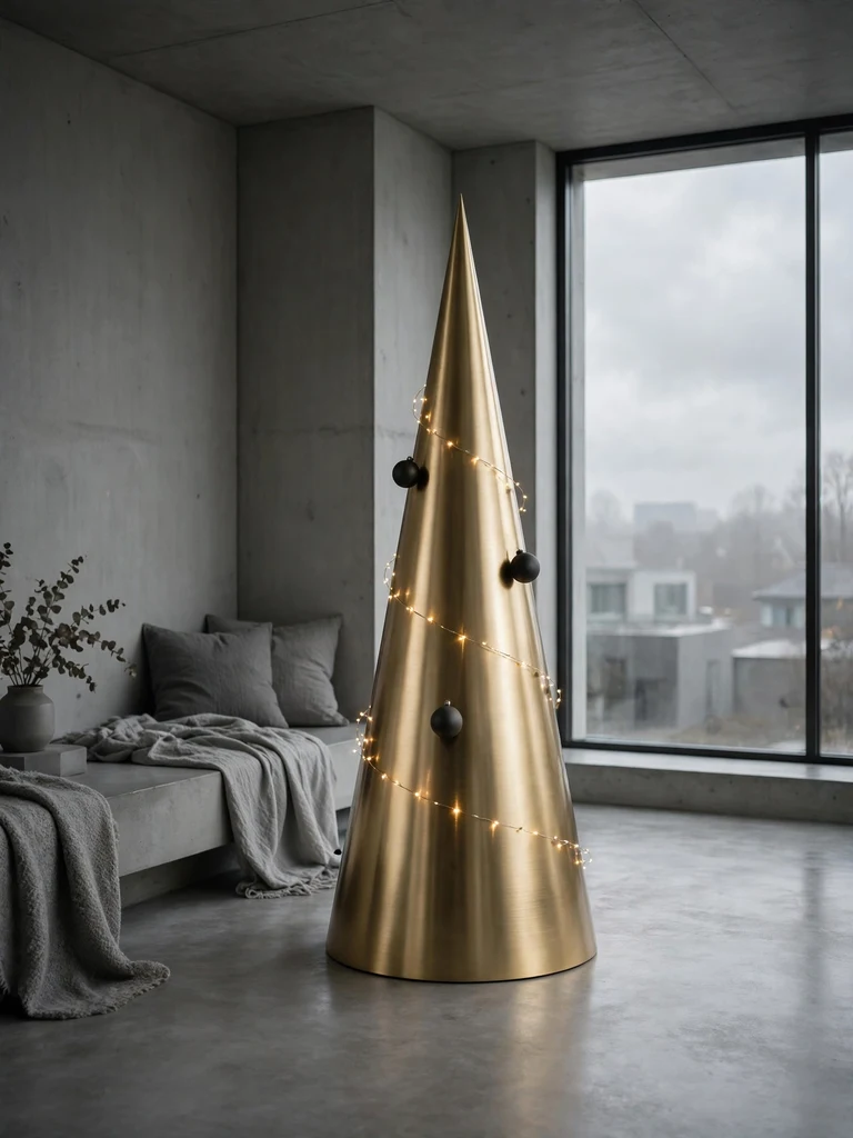 Brushed-gold metallic cone Christmas tree with black baubles in a minimalist concrete home