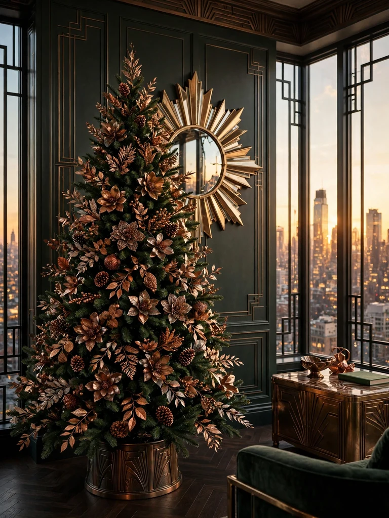 Copper and bronze metallic floral picks woven through a dark fir Christmas tree in an art deco penthouse