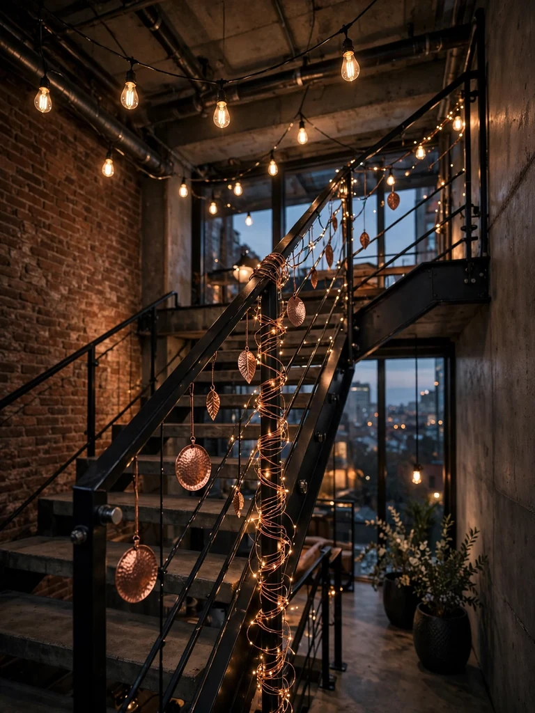 Industrial loft staircase at dusk with copper fairy lights and hammered copper ornaments on black metal