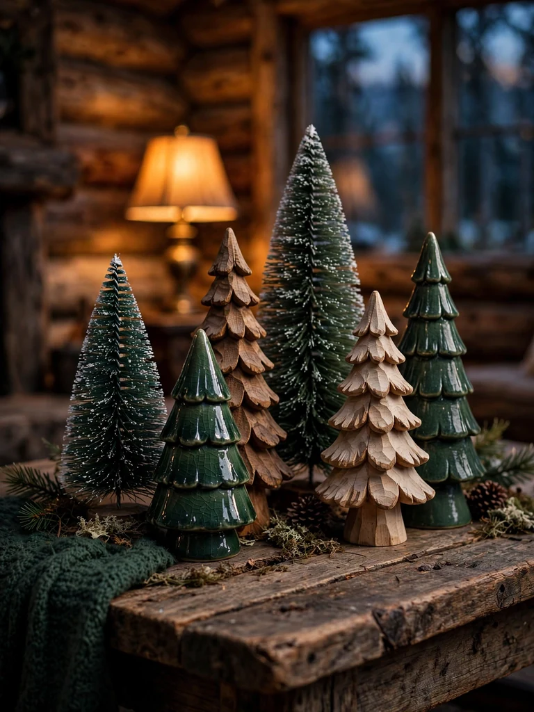 Rustic log cabin close-up of miniature bottle brush, ceramic and wooden Christmas trees on a reclaimed wood table at dusk