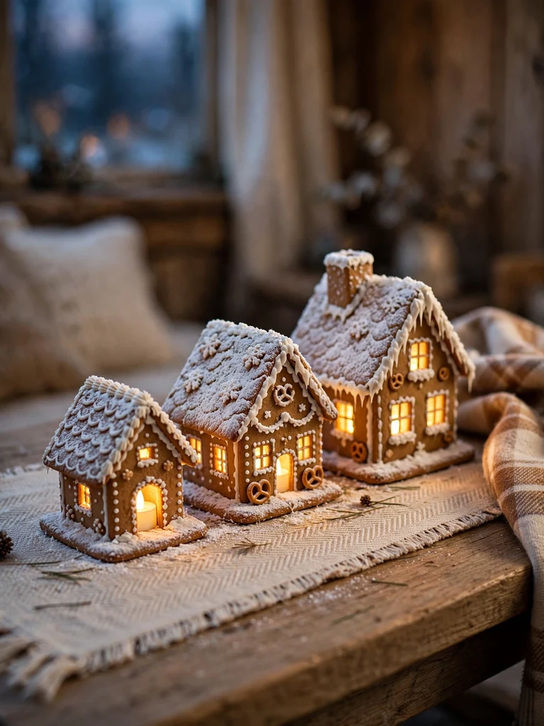Cozy cottage close-up of miniature gingerbread houses glowing with LED tea lights on a table runner at dusk
