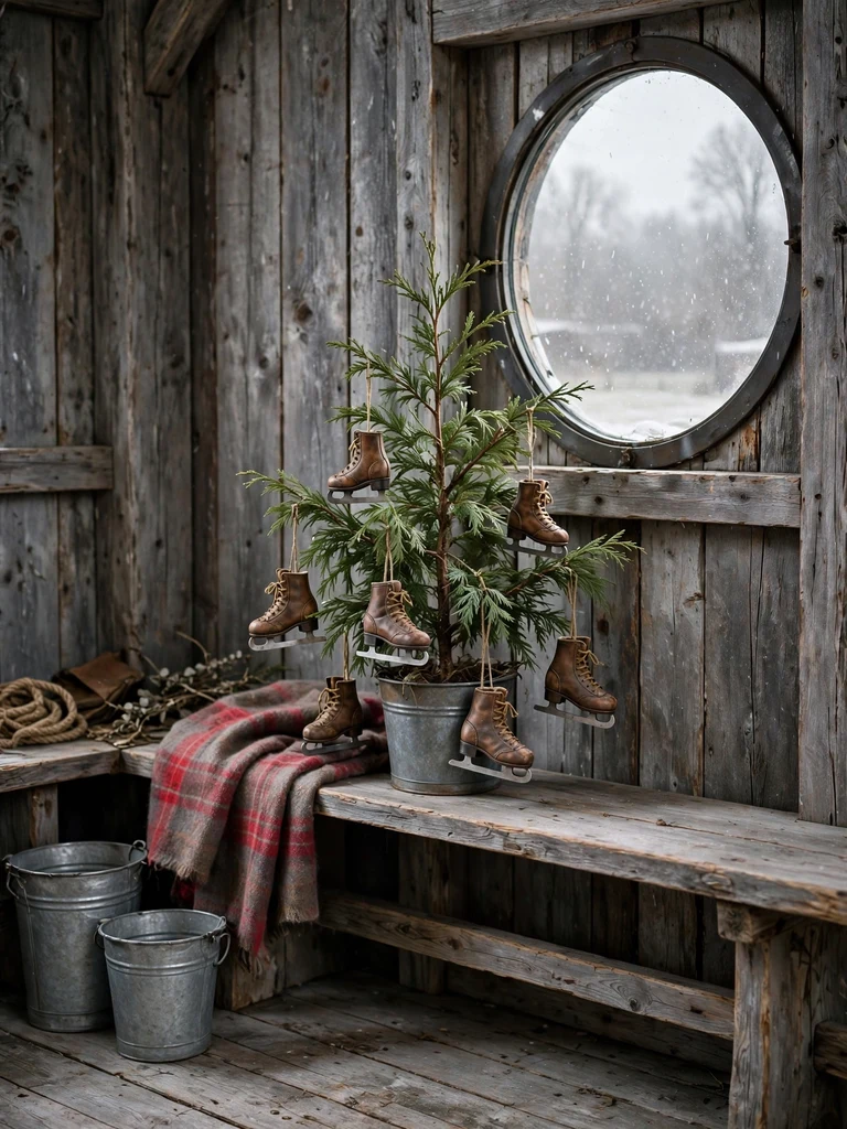 Miniature leather skating boot ornaments on a cedar tree in a rustic farmhouse mudroom