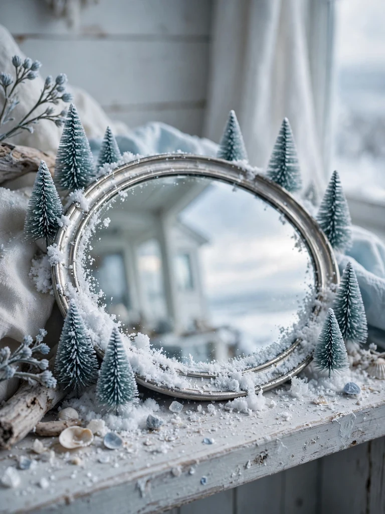 Miniature skating rink of mirror and artificial snow styled on a whitewashed coastal shelf