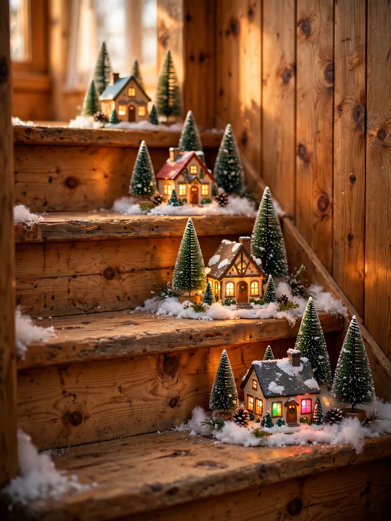 Storybook cottage staircase at golden hour with a lit miniature Christmas village on wooden treads
