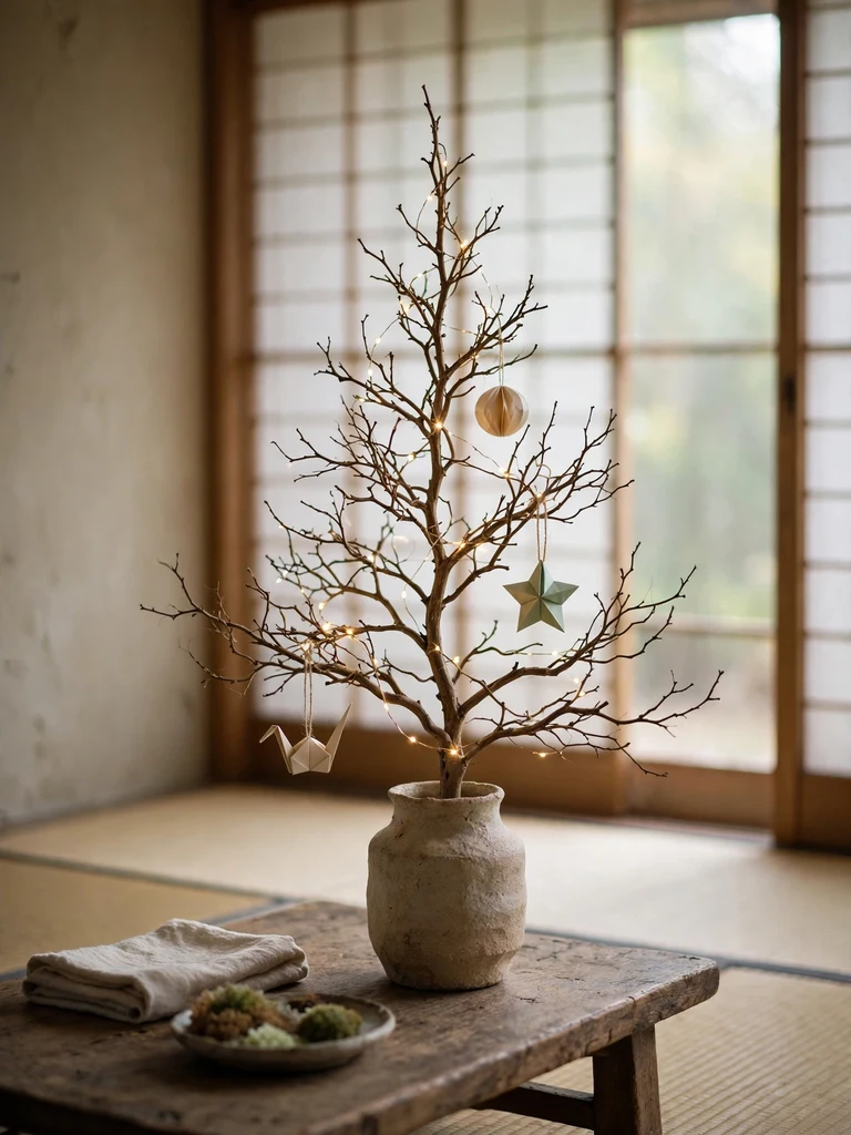 Minimalist twig Christmas tree in a handmade ceramic vase in a Japanese wabi-sabi interior