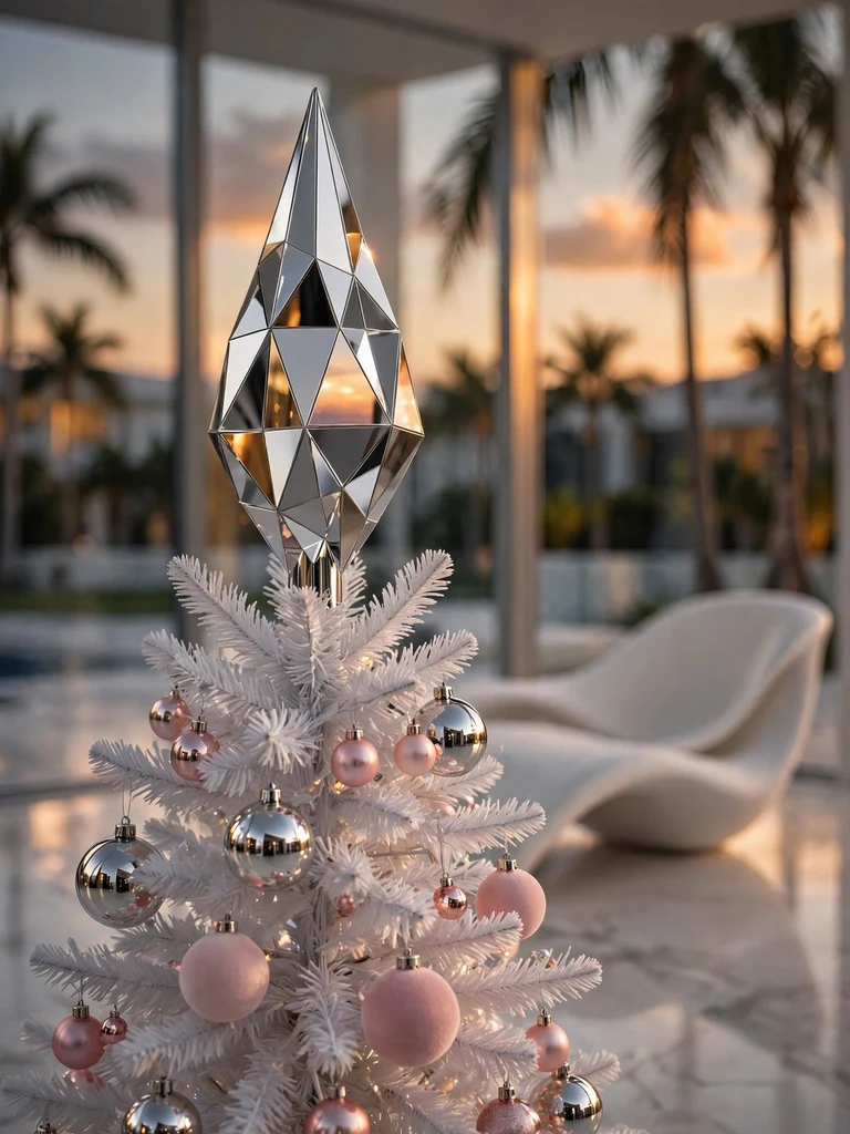 Faceted mirrored geometric spire tree topper in a contemporary Miami villa at dusk