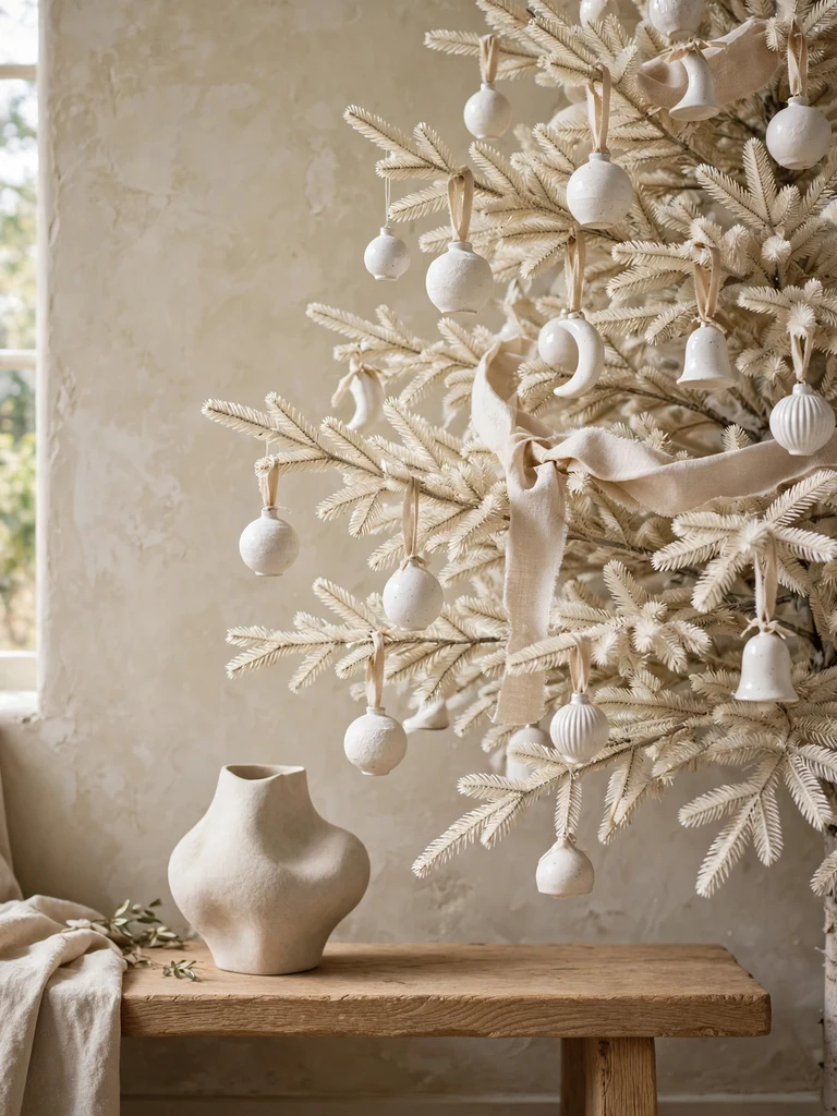 All-ivory Christmas tree with white ceramic ornaments in a serene wabi-sabi living room