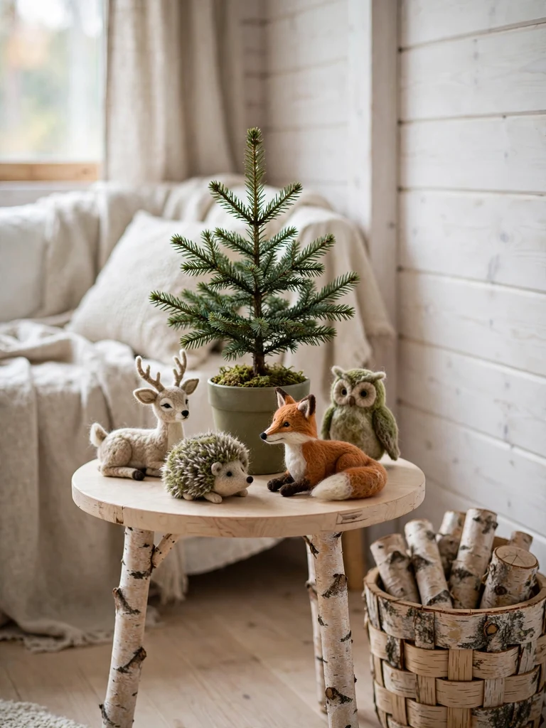 Needle-felted wool fox, owl, hedgehog and deer ornaments on a small fir tree in a Scandinavian cabin