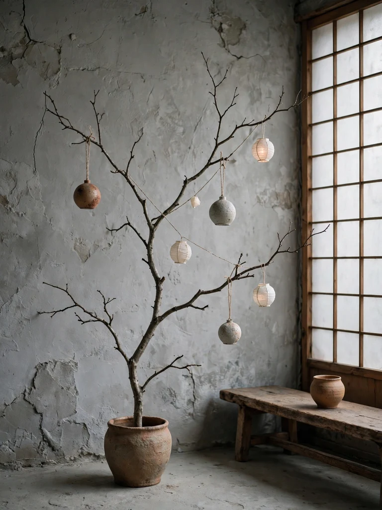 Sparse sculptural Christmas tree with single ceramic ornaments in a wabi-sabi tea room