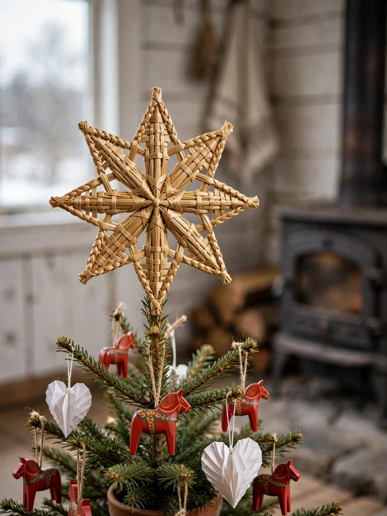Handwoven Nordic straw star tree topper in a traditional Swedish farmhouse kitchen