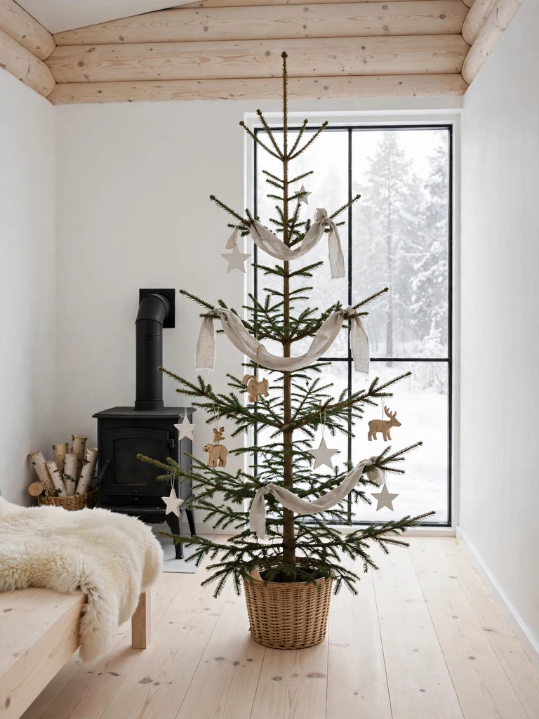 Minimalist natural spruce Christmas tree with wooden ornaments in a Scandinavian log cabin