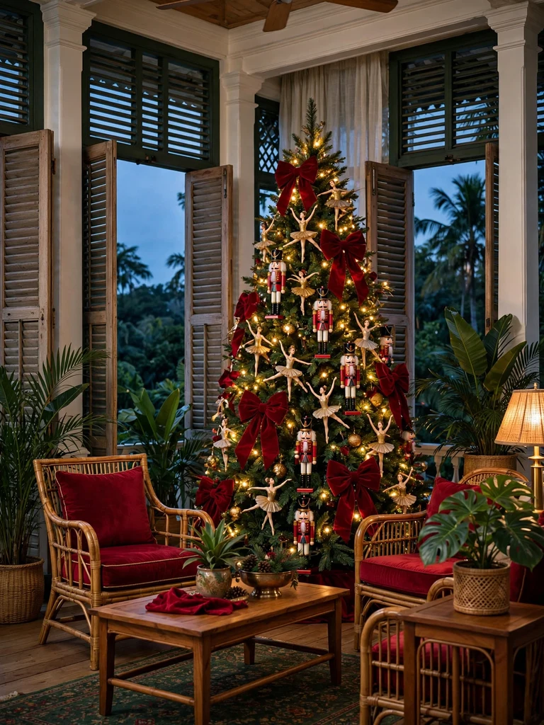 Christmas tree with nutcracker soldier and ballerina ornaments in a colonial veranda living room