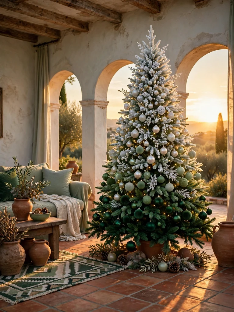 Ombre Christmas tree fading from emerald to frosted white branches in a Mediterranean villa