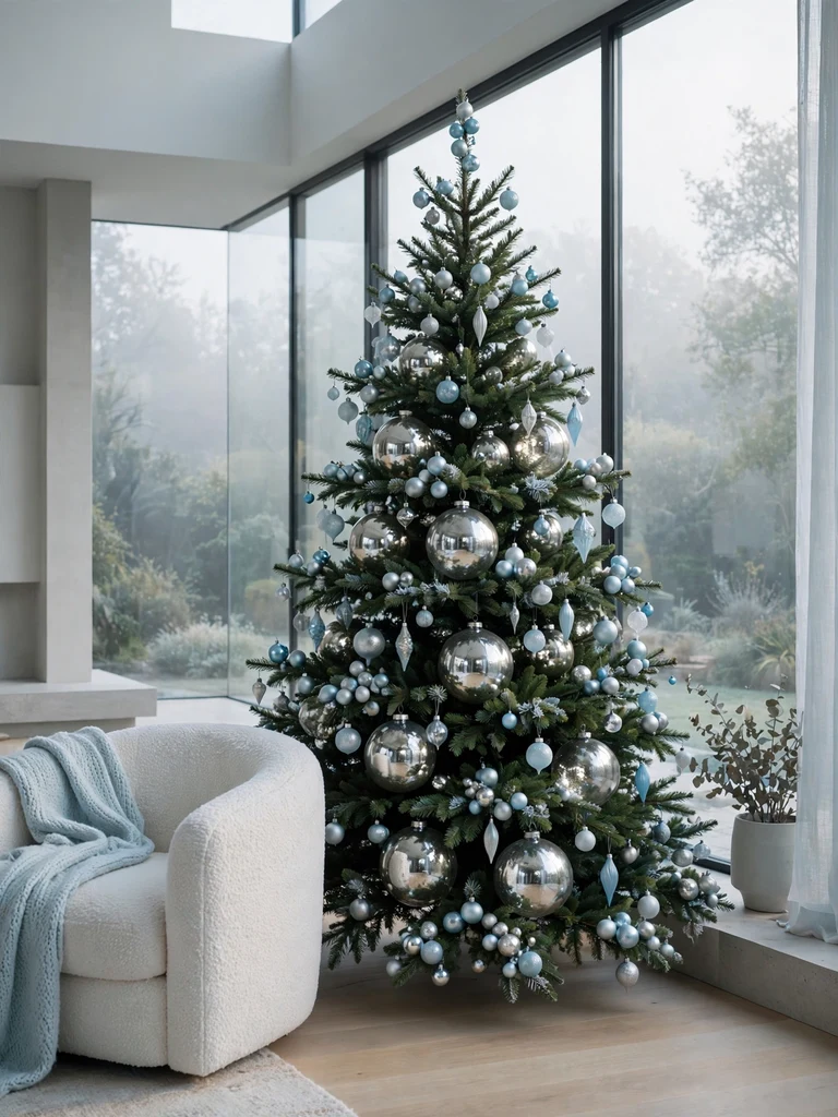 Large mercury-glass ornaments layered deep inside Christmas tree branches in a bright modern villa