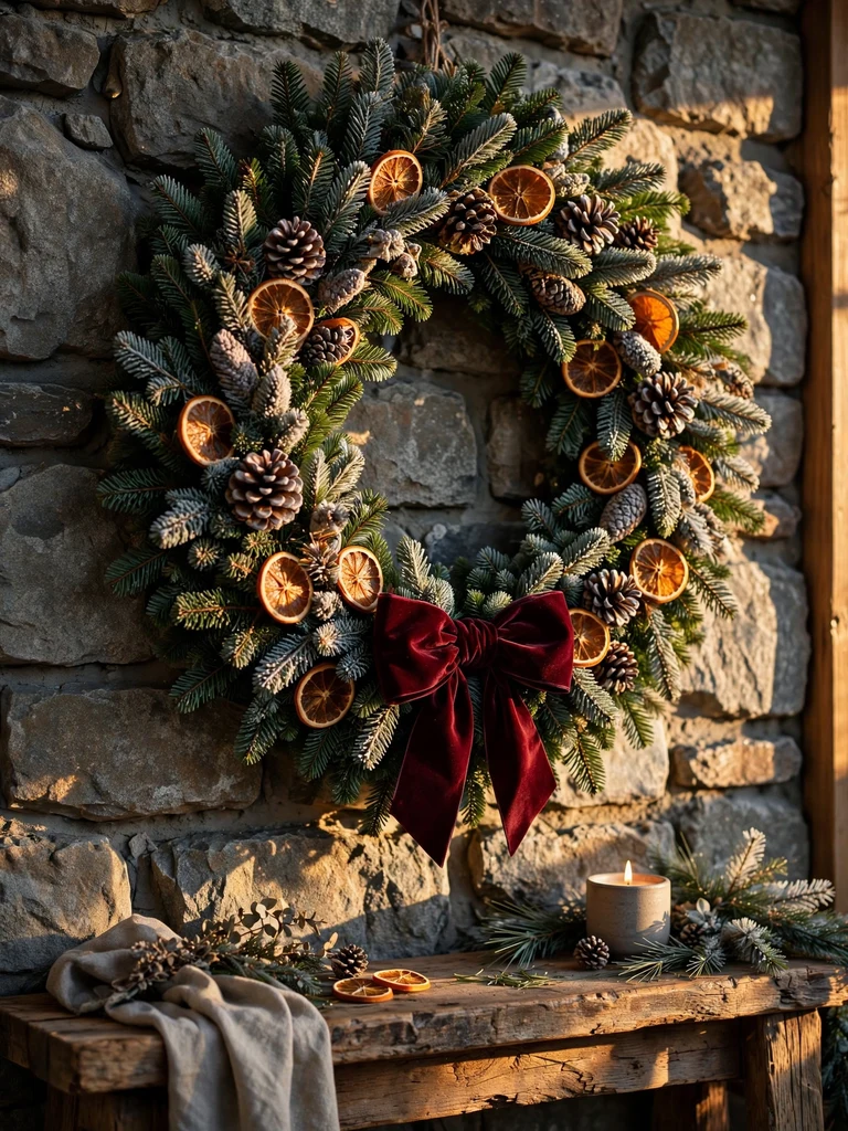 Oversized fresh evergreen Christmas wreath with pinecones and burgundy bow on a stone chalet wall