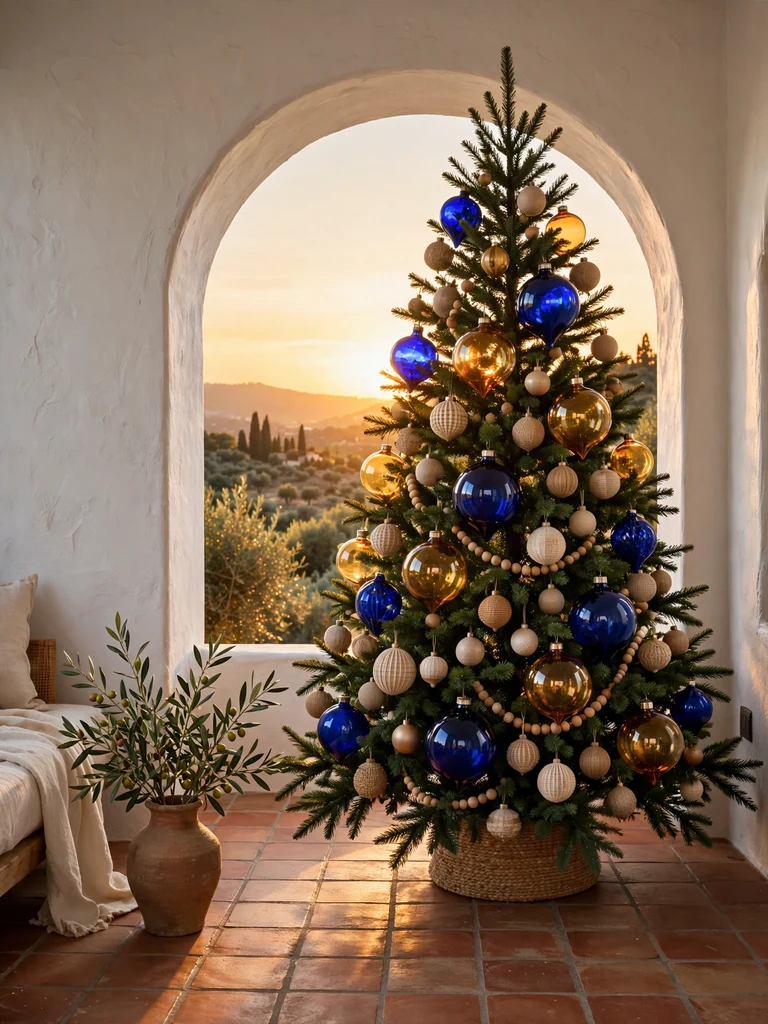 Oversized amber and cobalt glass ornaments on a Christmas tree in a Mediterranean villa at golden hour