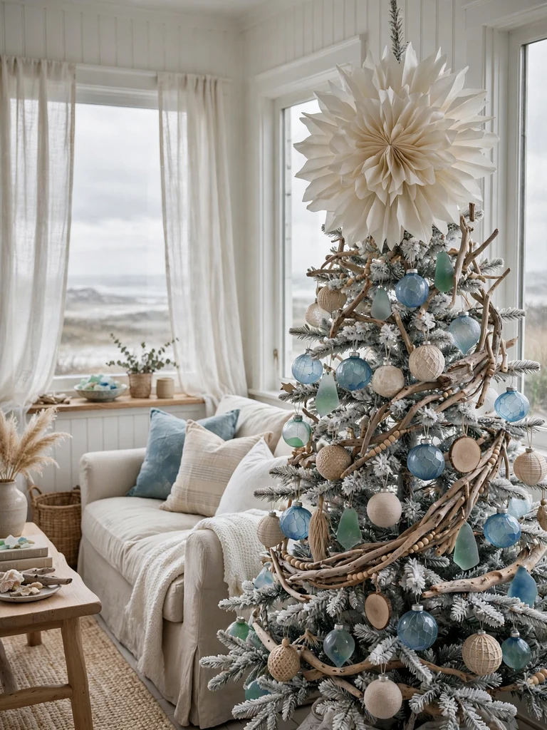 Oversized ivory paper rosette tree topper in a breezy coastal cottage living room