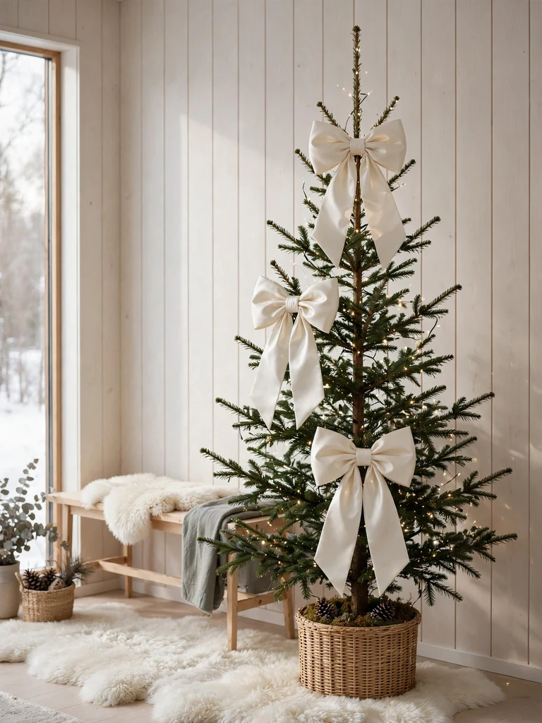 Oversized ivory satin bows tied on a slim Nordic spruce Christmas tree in a Scandinavian cabin