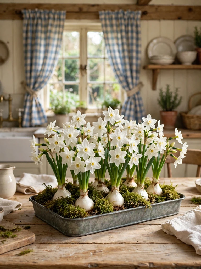 Zinc tray planted with blooming white paperwhite narcissus bulbs and moss on pine farmhouse table