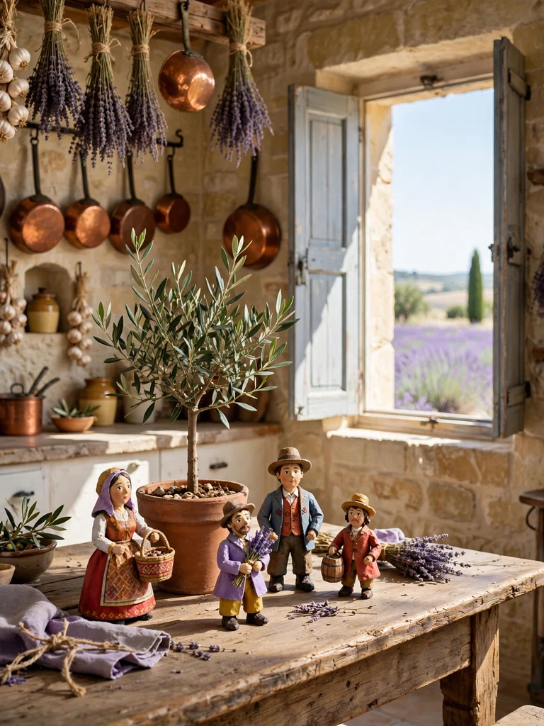 Hand-painted papier mache Santon figurine ornaments on an olive tree in a Provencal farmhouse kitchen