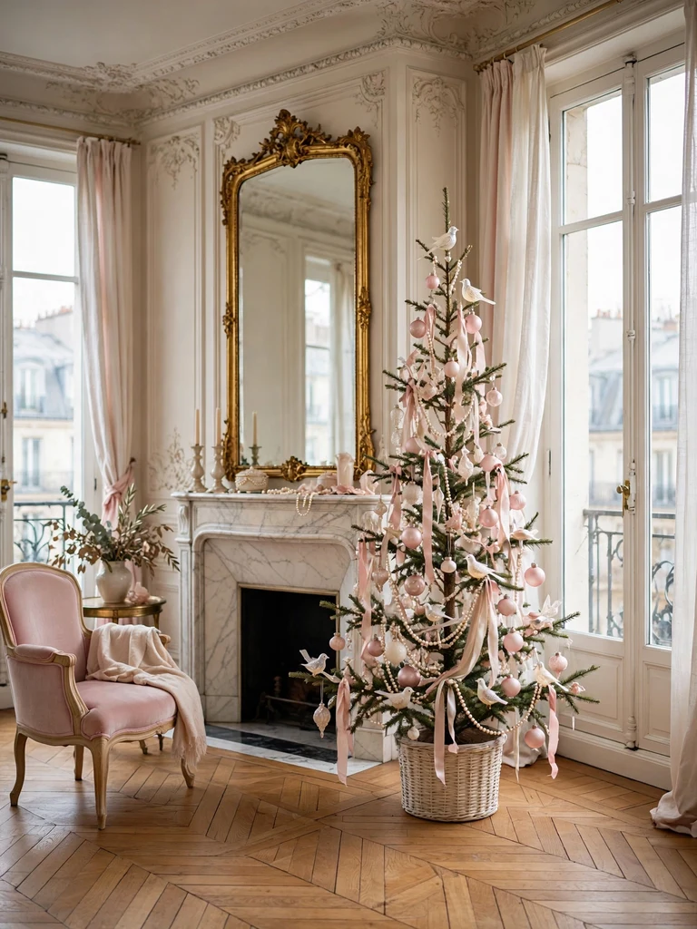 Elegant slim Christmas tree with blush-pink ornaments and pearl garlands in a Parisian apartment