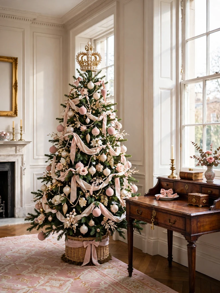 Pearl-encrusted crown tree topper in a Georgian townhouse drawing room