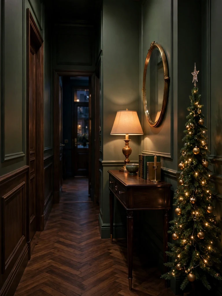 Slim pencil Christmas tree with gold baubles tucked into a city townhouse corner