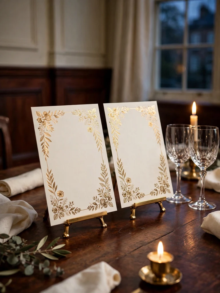 Blank gold-foil botanical menu cards on brass easels beside crystal glasses on a mahogany table at dusk
