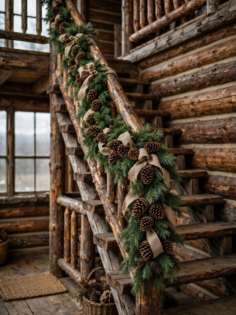 Rustic log cabin staircase with a pinecone-heavy evergreen swag draped on the log banister