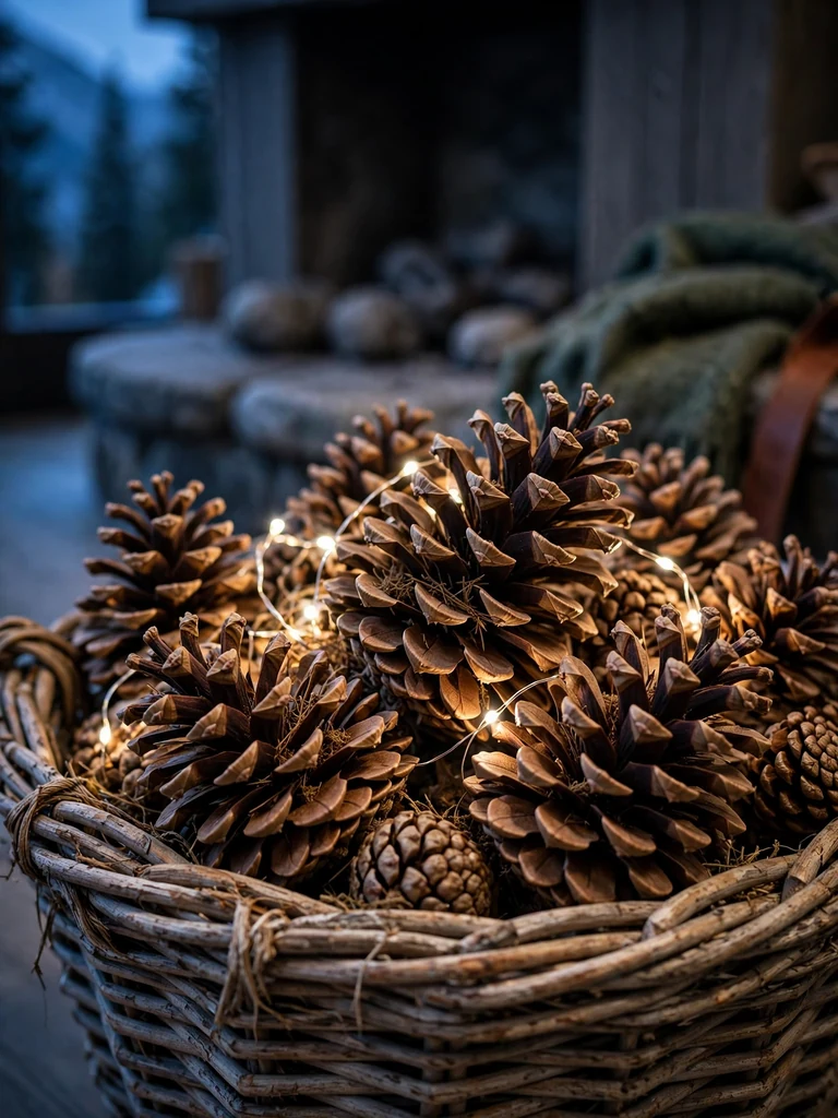 Mountain chalet close-up of a willow basket heaped with sugar pinecones and fairy lights at blue hour