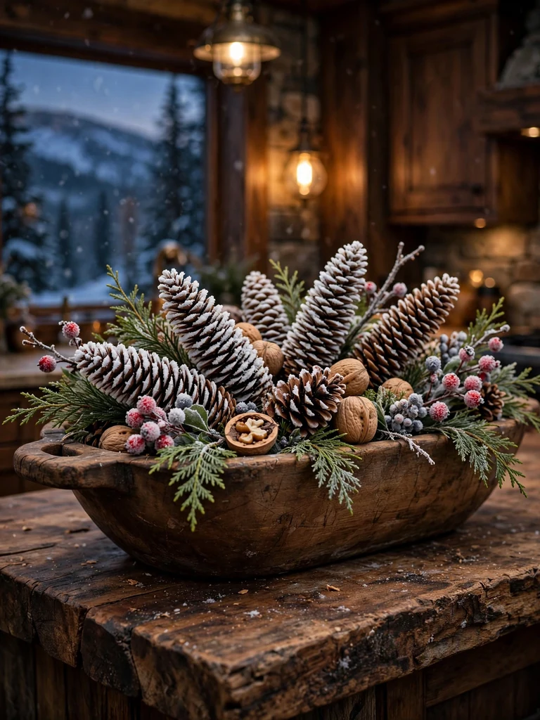 Mountain lodge kitchen close-up of wooden bowl with snow-flocked pinecones, walnuts and cedar tips