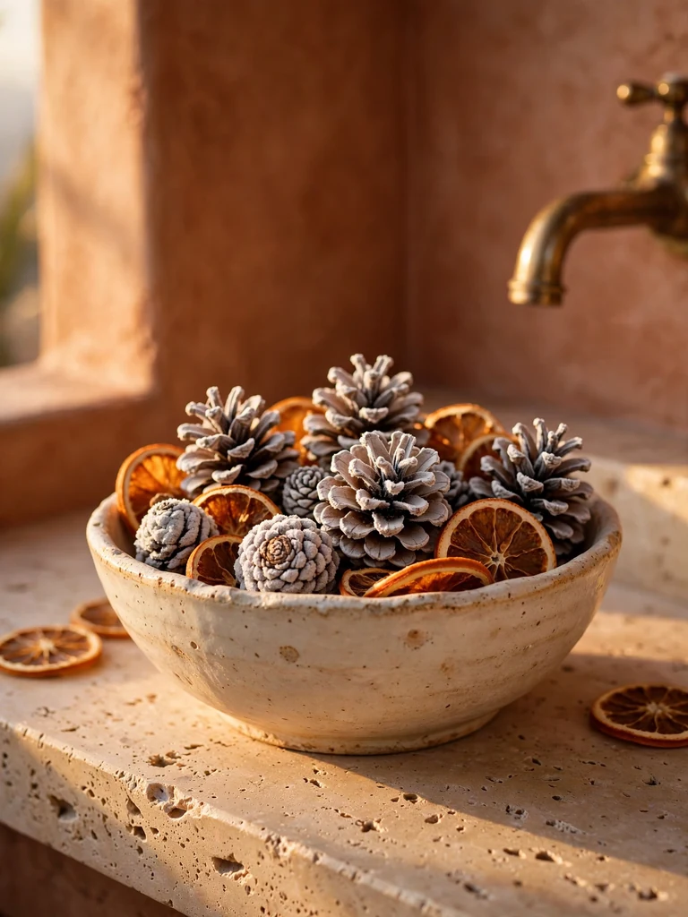 Mediterranean bathroom close-up of a ceramic bowl of frosted pinecones and dried orange slices on a travertine vanity