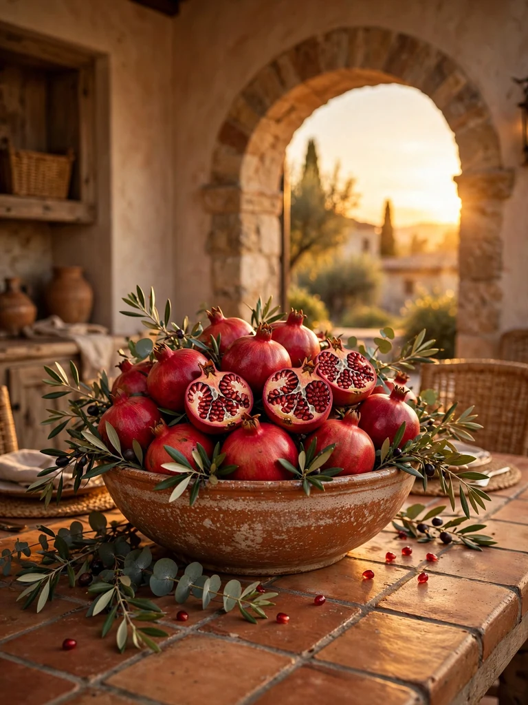 Ceramic bowl overflowing with pomegranates and olive branches on a terracotta dining table
