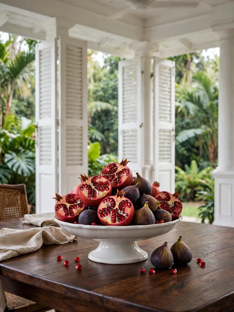 White ceramic pedestal bowl piled with split pomegranates and figs on dark teak table