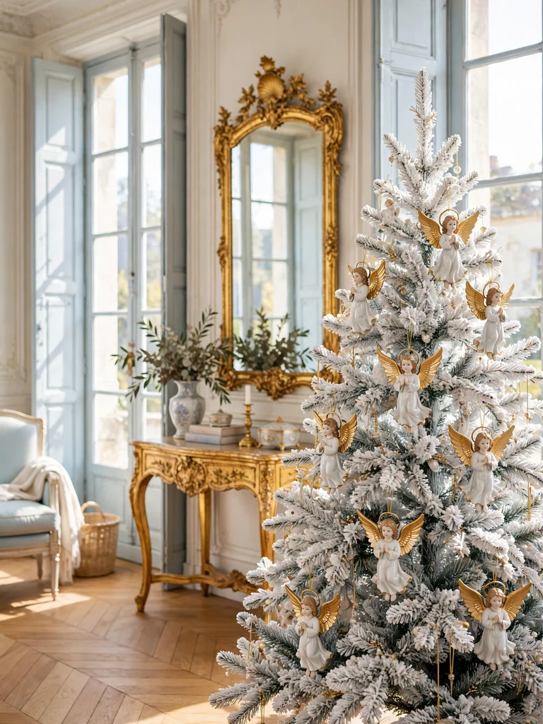 Porcelain angel pendants with gilded wings on a white Christmas tree in a French chateau salon