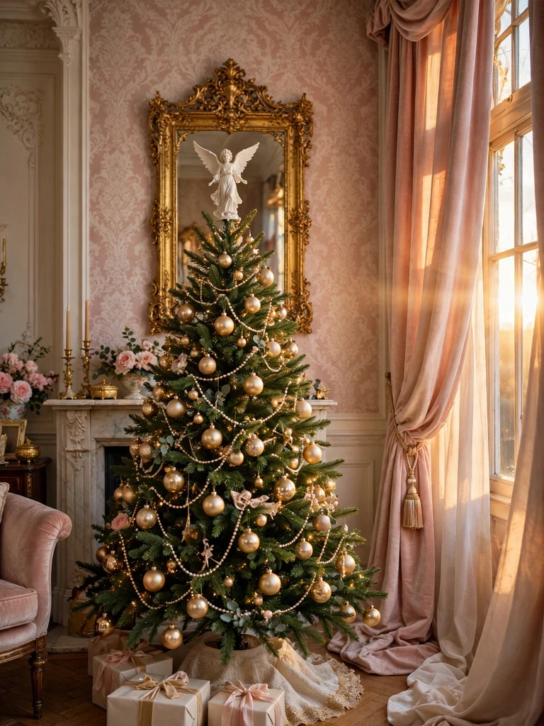 White porcelain angel tree topper on a Christmas tree in an elegant Victorian parlor