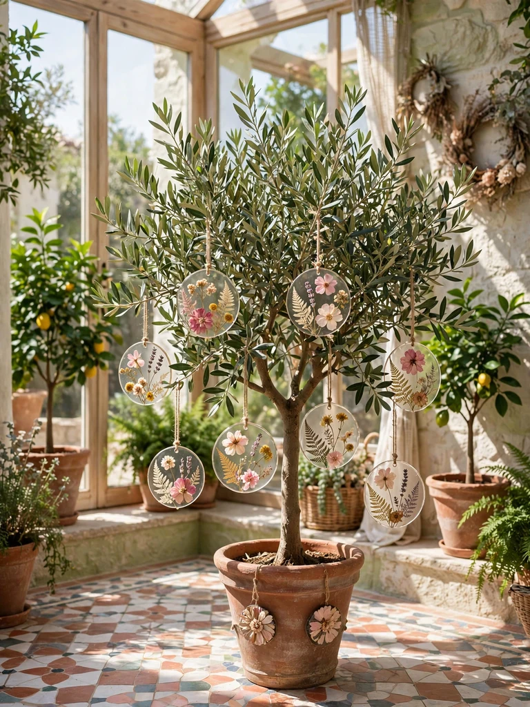 Translucent pressed flower medallion ornaments on an olive tree in a Mediterranean conservatory