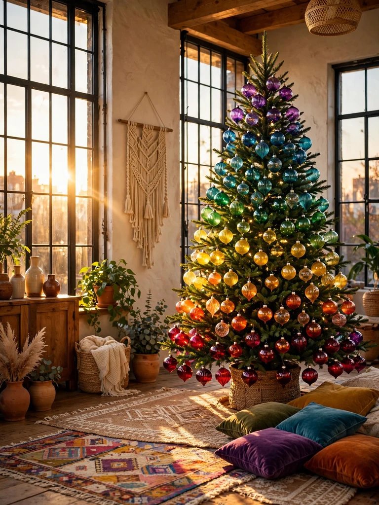 Christmas tree with rainbow gradient glass ornaments glowing in a boho loft at golden hour