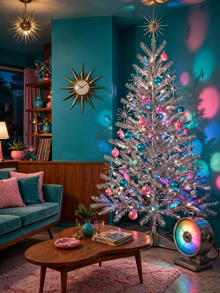 Silver aluminum Christmas tree with atomic starburst ornaments in a mid-century modern den