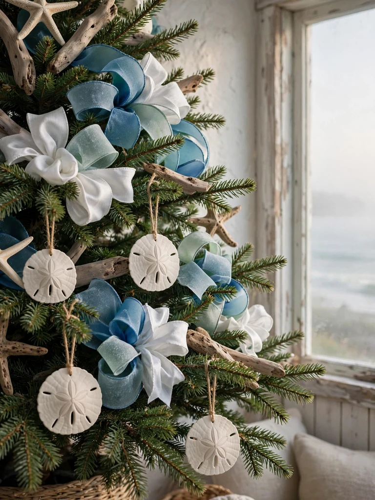 Sculpted sea-glass-blue ribbon loops tucked into Christmas tree branches in a coastal cottage