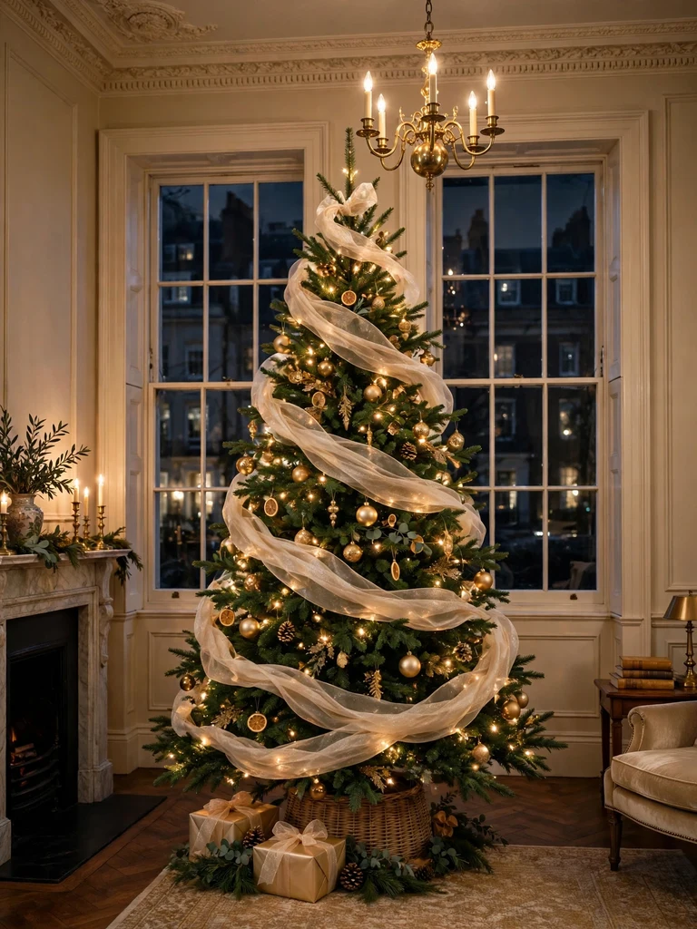 Champagne organza ribbon draped in a waterfall spiral down a tall noble fir in a Georgian townhouse