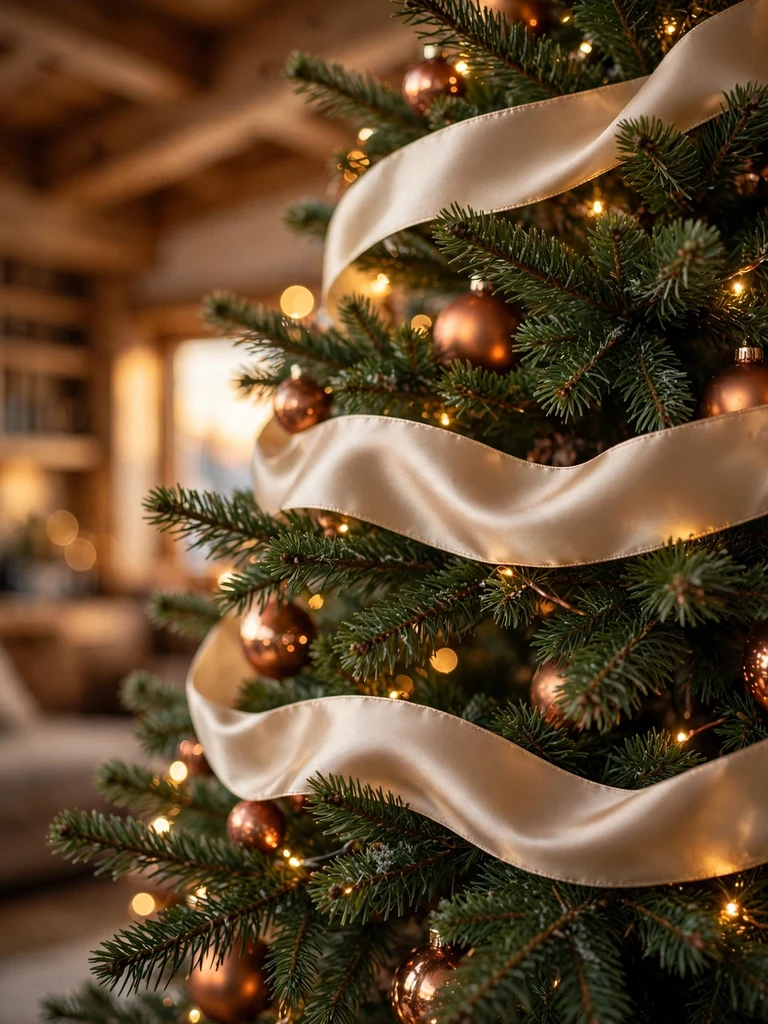 Champagne satin ribbon woven through Christmas tree branches in an alpine chalet at golden hour