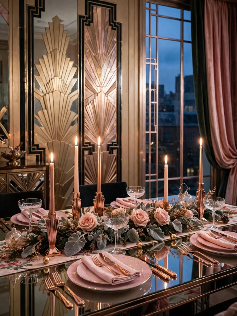 Art deco Christmas place settings with rose gold flatware, blush chargers and taper candles at dusk
