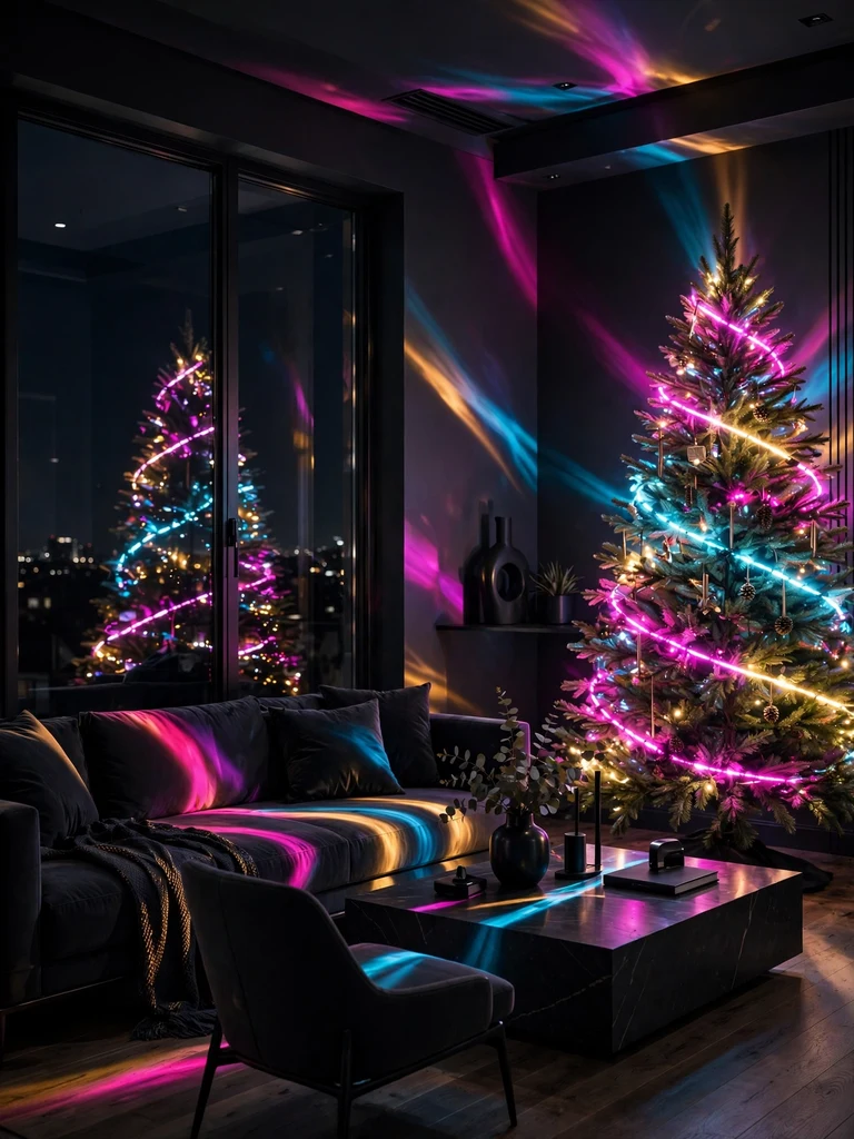Christmas tree wrapped in rotating color-changing LED lights in a modern home at night