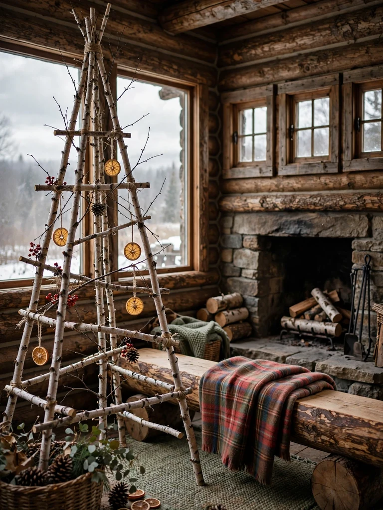 Rustic Christmas tree frame built from natural birch branches with pinecones in a log cabin