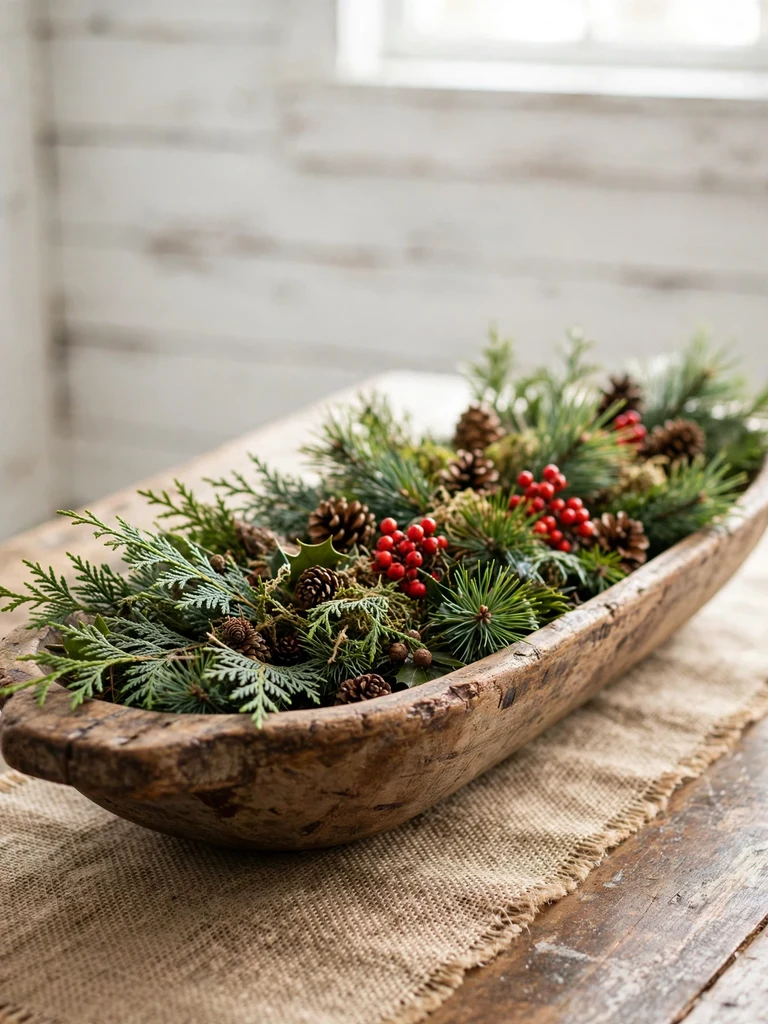 Rustic wooden dough bowl filled with fresh cedar greens, pinecones and red berries on farmhouse table