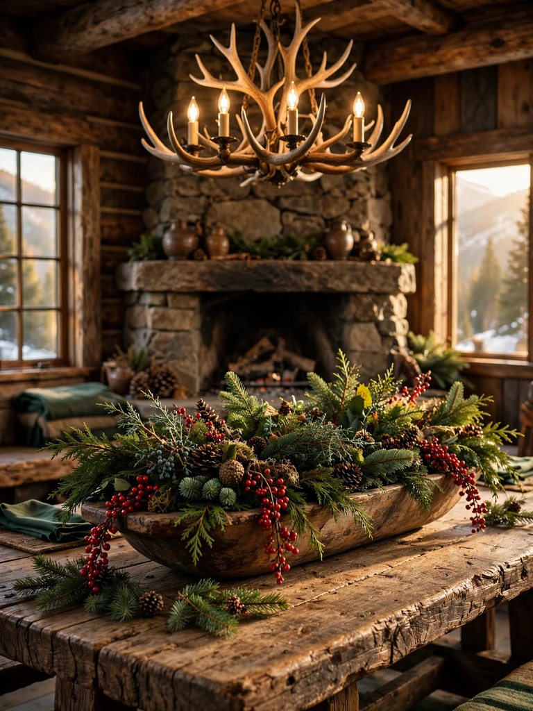 Antique wooden dough bowl filled with cedar, fir and juniper greens on a timber table
