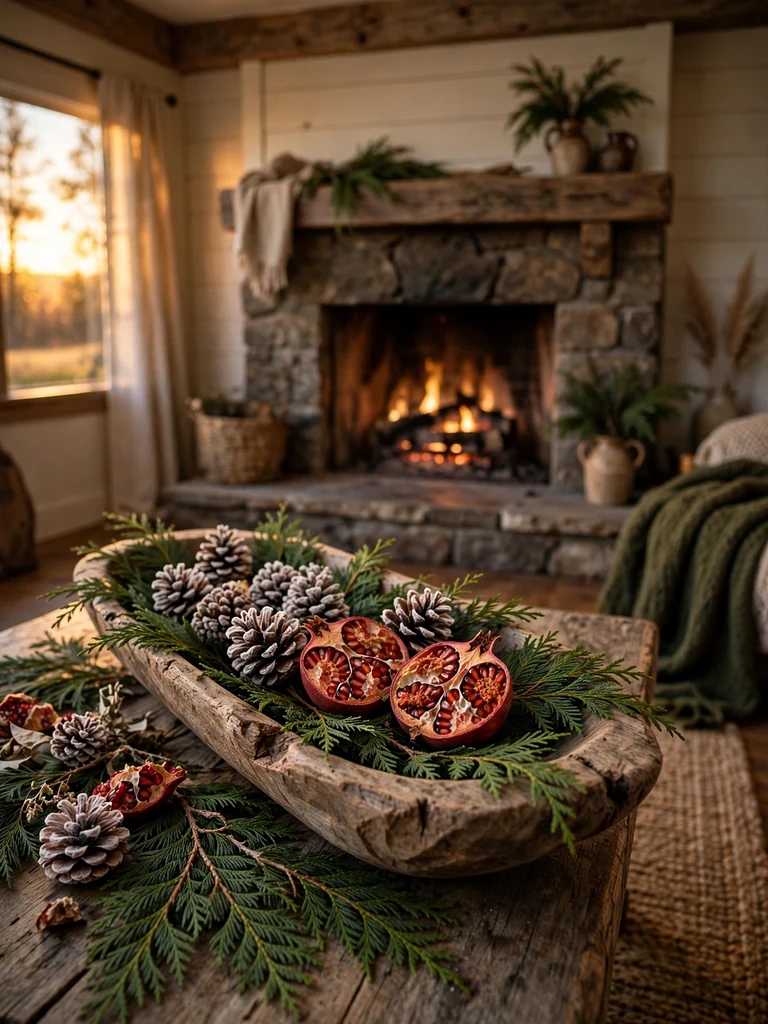 Farmhouse living room with a hand-carved wooden dough bowl layered with cedar, sugar pinecones and dried pomegranate at golden hour